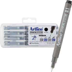 Set con 4 estilógrafos: 0.1 mm, 0.3 mm, 0.5 mm y 0.7 mm, tinta negra