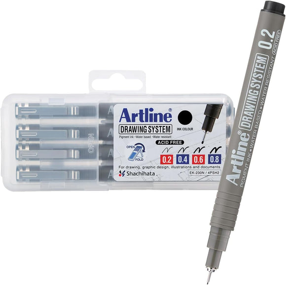 Set 4 Estilografos Artline 0.2, 0.4, 0.6, 0.8mm Tinta Negra