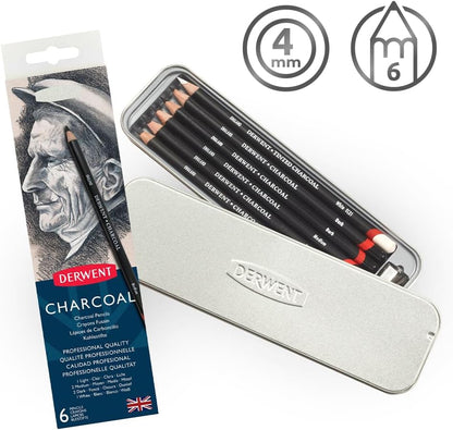 Estuche con 6 Lápices de Carbón Derwent + Sacapuntas