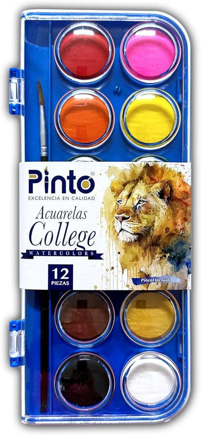 Set de Pinturas Acuarela Pinto College - 12 Colores Vibrantes con Pincel