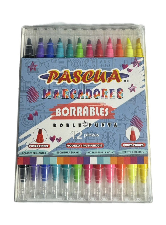 MARCADORES BORRABLES DOBLE PUNTA 12 PZS PASCUA