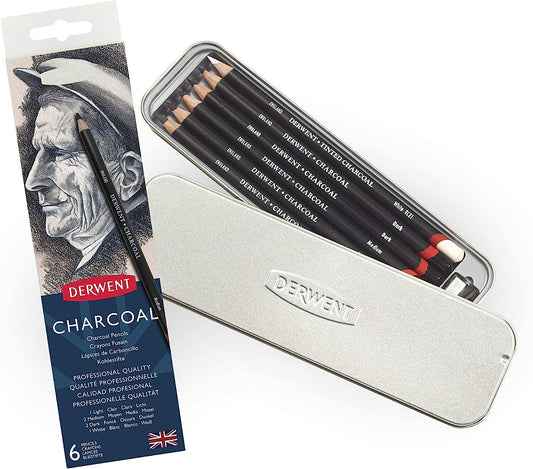 Estuche con 6 Lápices de Carbón Derwent + Sacapuntas