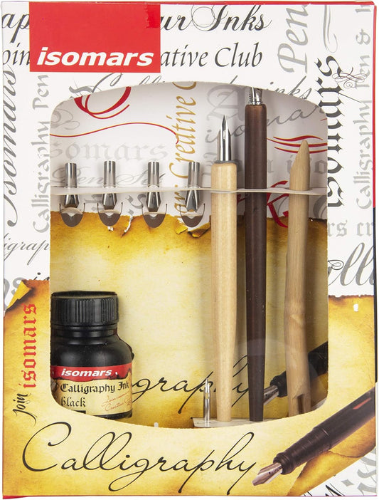 Set Caligrafía Isomars Pluma Fuente Madera Tinta Negra 6 Plumillas Negro