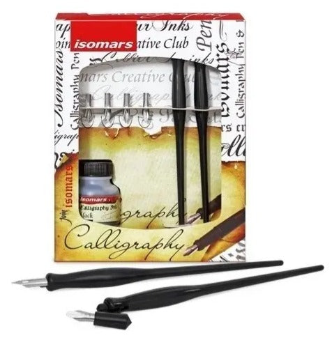 Set Caligrafia Isomars Manguillo Oblicuo 6 Plumillas y Tinta Tinta Negro Exterior Café