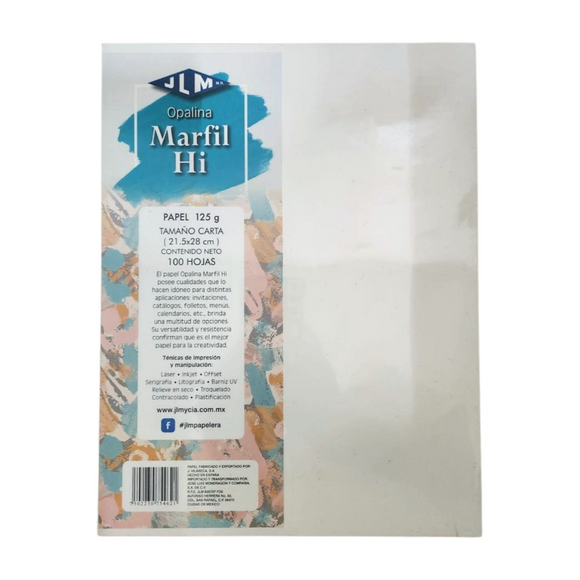 Paquete con 100 Hojas 125grs Papel Opalina Marfil Tamaño Carta