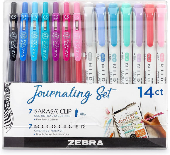 Zebra Journaling Set, 7 bolígrafos de gel Sarasa Clip punto fino, 7 marcadores Midliner
