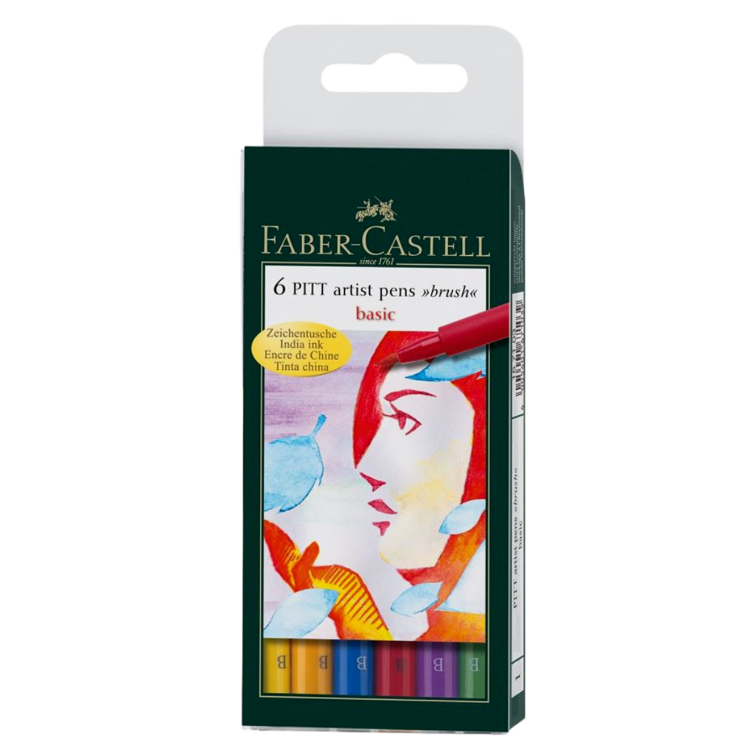 Marcadores de Tinta China Pitt Artist Basic Brush 167103 Faber Castell Set 6 Piezas